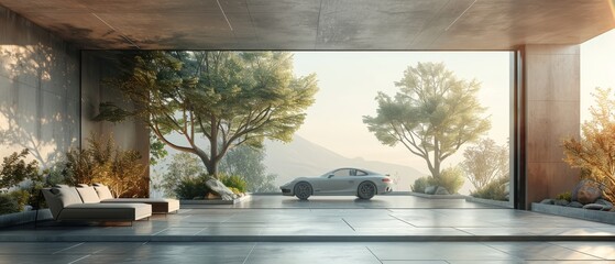 Architectural background with concrete floor, car advertisement in 3D.