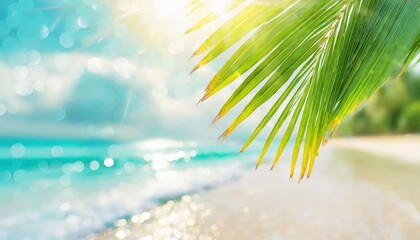 Fototapeta na wymiar Blur beautiful nature green palm leaf on tropical beach with bokeh sun light wave abstract background. Copy space of summer vacation and business travel concept.