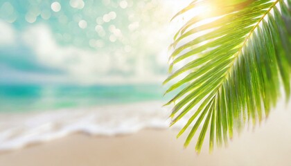 Fototapeta na wymiar Blur beautiful nature green palm leaf on tropical beach with bokeh sun light wave abstract background. Copy space of summer vacation and business travel concept