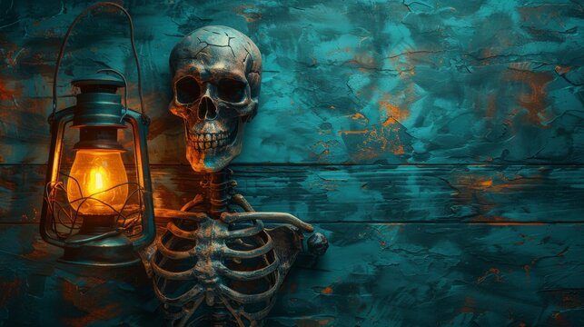 Spooky Halloween image of a skeleton holding a lantern on a wooden banner