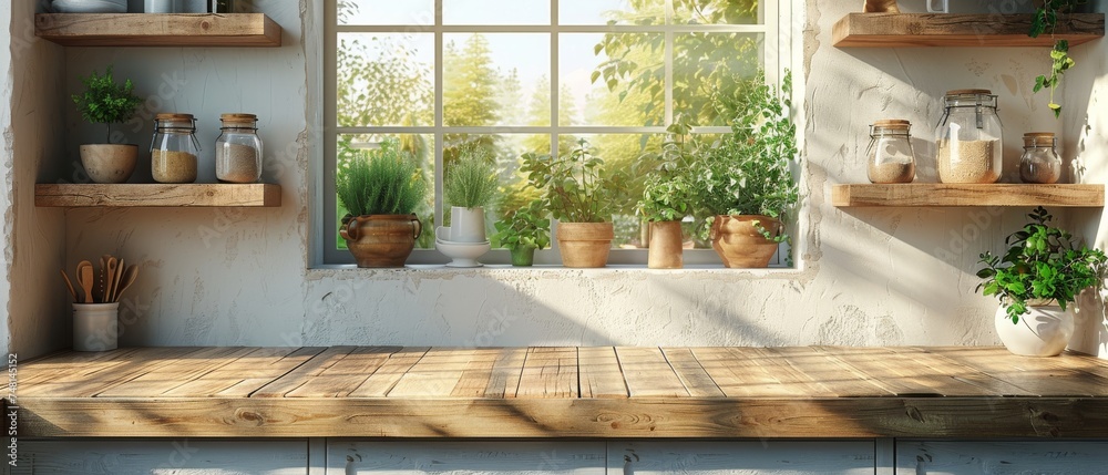 Poster this is a 3d rendering of the interior of a kitchen depicting a bright kitchen surrounded by an empt