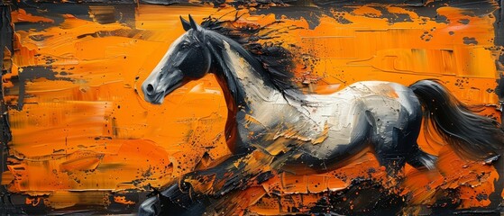 Modern painting, abstract, metal elements, texture background, animals, horses, etc.