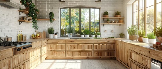 3D rendering of bright kitchen interior. White kitchen with an empty wall. Catalogue accessories.