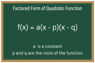 Factored Form of a Quadratic Function on a green chalkboard. Education. Science. Formula. Vector illustration.