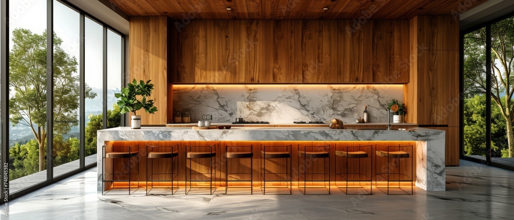 Poster an ultra minimalist kitchen with a large island and stools. marble top and wooden base. 3d rendering
