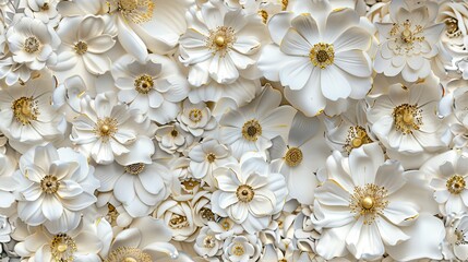a dense field of delicate white flowers with golden centers, creating a soft and even horizontal surface ideal for showcasing an object in a natural setting. SEAMLESS PATTERN.