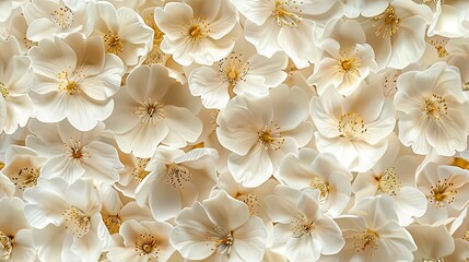 a dense field of delicate white flowers with golden centers, creating a soft and even horizontal surface ideal for showcasing an object in a natural setting. SEAMLESS PATTERN.