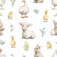 Seamless pattern with vintage rabbits, goose, lamb, chicken, gosling animals and flowers set isolated on white background. Watercolor hand drawn illustration sketch