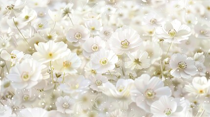 a dense field of delicate white flowers with golden centers, creating a soft and even horizontal surface ideal for showcasing an object in a natural setting. SEAMLESS PATTERN.