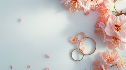 Illustration of Pink flowers and two gold wedding rings on a white background.Ai generated