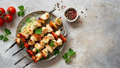 Chicken kebab skewers on a plate over light yellow slate, stone or concrete background
