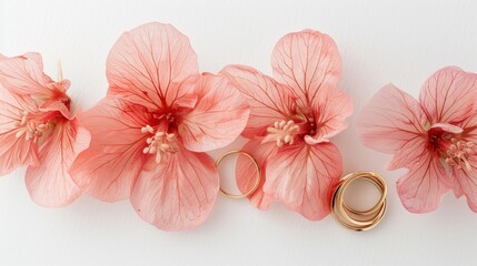Illustration of Pink flowers and two gold wedding rings on a white background.Ai generated