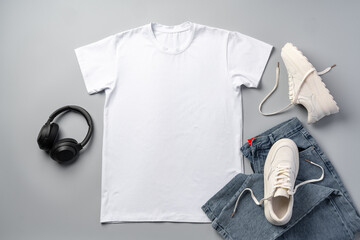 T-shirt, jeans and white sneakers on gray background top view
