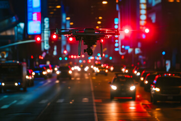 Fototapeta na wymiar Copter drone flying low at night downtown city street. Neural network generated image. Not based on any actual scene or pattern.