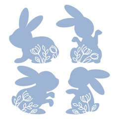 Set of blue silhouettes of Easter bunnies with cut out flower silhouettes
