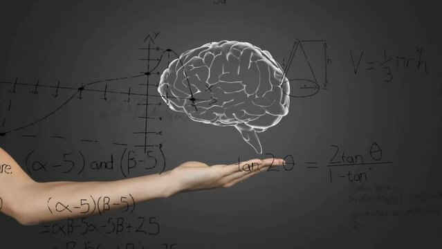 Animation of spinning brain and hand over mathematical equations