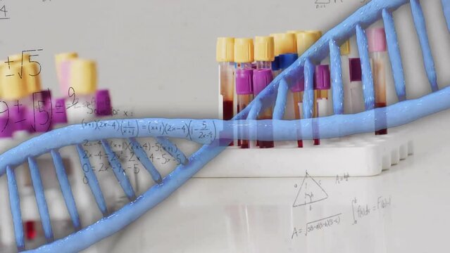 Animation of samples in lab and dna strand over mathematical equations