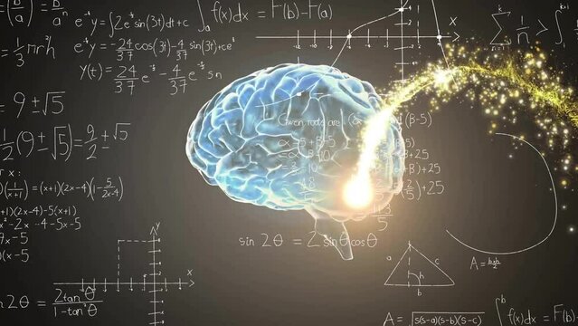 Animation of brain and light trail over mathematical equations