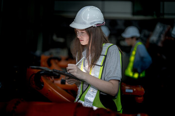 Business engineers meeting and checking new machine robot. Workers walking at warehouse industry welding machine. business negotiation concepts and technology. women Using smart Tablet to present man.