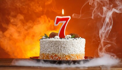7 year Birthday cake With One Candle	 - obrazy, fototapety, plakaty