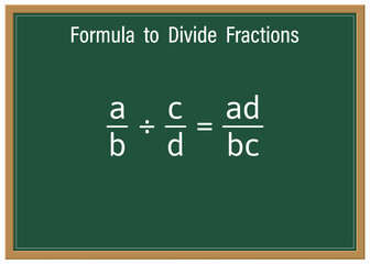 Divide Fractions on a green chalkboard. Education. Science. Formula. Vector illustration.