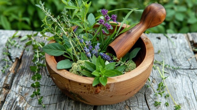 Portrait of wooden mortar containing fresh and fragrant herbs. Copy space, AI generated image