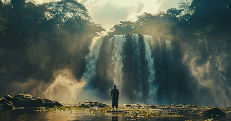 A man standing next to the waterfall of a tropical jungle - obrazy, fototapety, plakaty