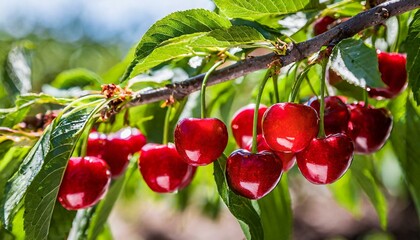 Red cherries on tree in cherry orchard