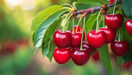 Red cherries on tree in cherry orchard - obrazy, fototapety, plakaty