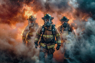 Team of firefighters walking through smoke and fire. Fire department, emergency response, rescue operations concept. Heroism and bravery. Banner, poster, wallpaper