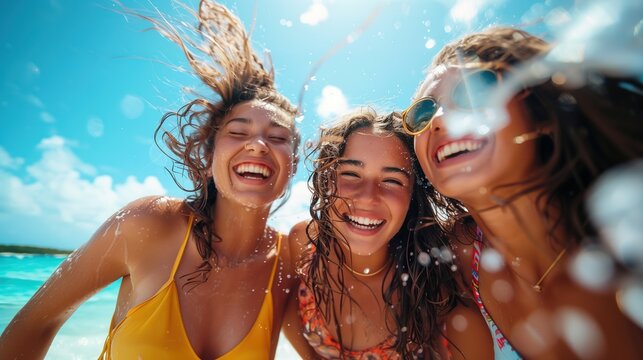 one Mexican girl, one south african girl and one caucasian girl are having fun, 26 years old, bright and blue sky