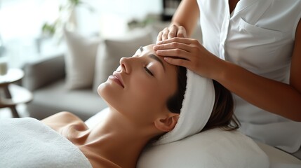 Fototapeta na wymiar young woman having facial mask spa therapy in beauty salon