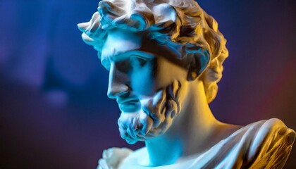 Gypsum statue of Apollo's bust. Statue vapor wave background concept	
