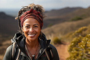 Black woman smiling while standing alone on a trail during a hike