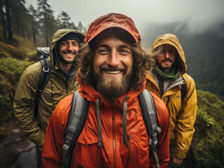 Smiling young man and some friends hiking along a mountain trail
