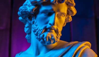 Gypsum statue of Apollo's bust. Statue vapor wave background concept	
