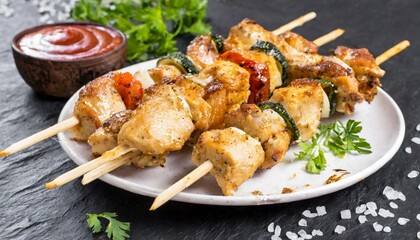 Chicken kebab skewers on a plate over light black slate. Close-up.