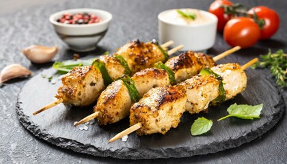 Chicken kebab skewers on a plate over light black slate. Close-up.