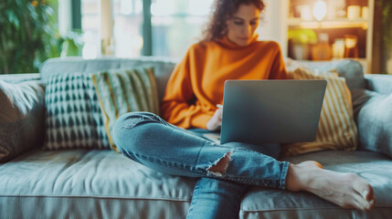 A person sitting on a sofa with a laptop, taking notes, embodying the flexibility of remote work, remote and hybrid work concept, blurred background, with copy space - obrazy, fototapety, plakaty