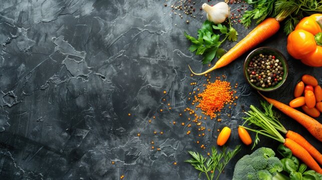 Close Up of carrots and healthy food on isolated dark background. AI generated image