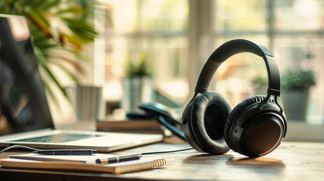 A pair of noise-canceling headphones, a notepad, and a laptop on a home desk, essential tools for remote work, remote and hybrid work concept, blurred background, with copy space