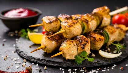 Chicken kebab skewers on a plate over light black slate. Close-up