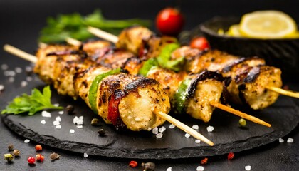 Chicken kebab skewers on a plate over light black slate. Close-up
