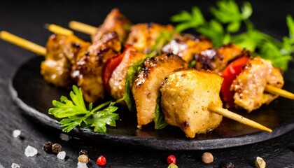 Chicken kebab skewers on a plate over light black slate. Close-up