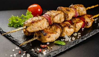 Chicken kebab skewers on a plate over light black slate. Close-up.