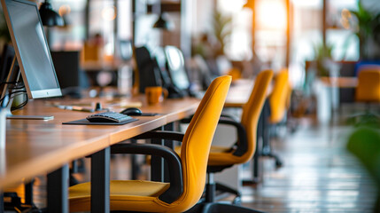 A shared workspace with alternating empty and occupied desks, representing a hybrid work model, remote and hybrid work concept, blurred background, with copy space