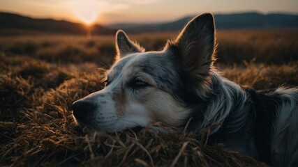 portrait of a dog lying on a huge ground with mountains behind while sunset generative AI landscape  - Powered by Adobe
