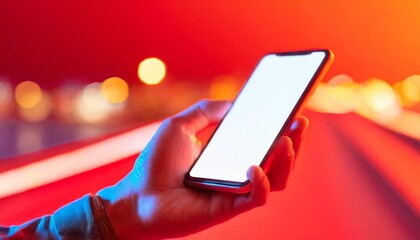 Hand using smartphone with blank screen, isolated on red background