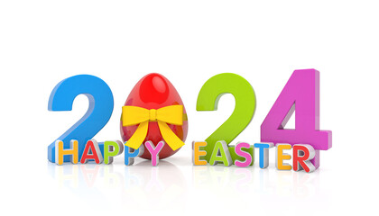 3d rendering of the year 2024 in blue, green, magenta with the number zero as an Easter egg with a yellow ribbon, in the foreground is a lettering with the message Happy Easter.