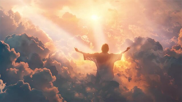 Person with arms raised in triumphant gesture atop clouds basking in sunlight